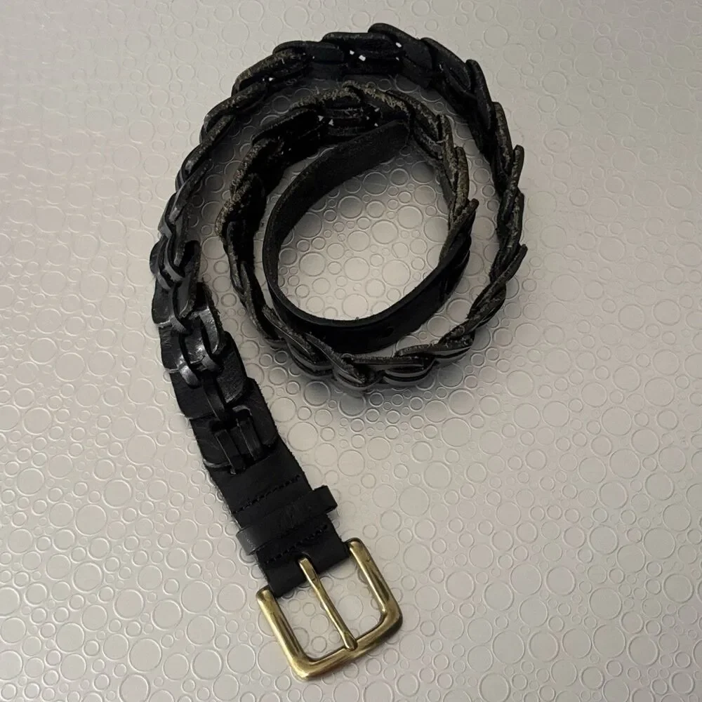 Vintage Woven Leather Belt 34 Black Interlocking Link Basket Weave Brass Unisex